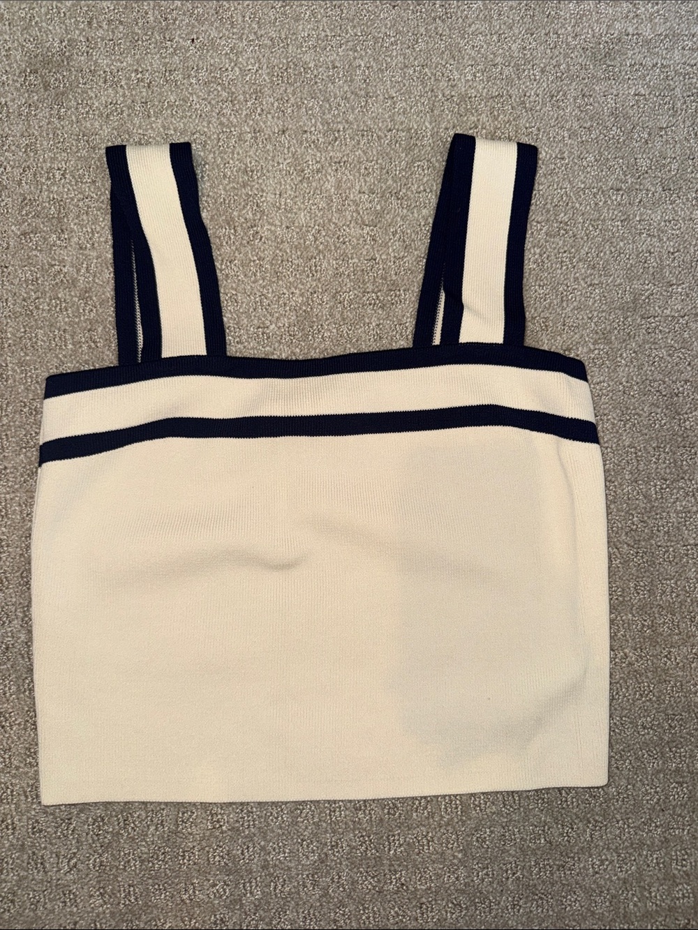 Cream Cropped Tank with Navy Stripe Detail - Women's Crop Top